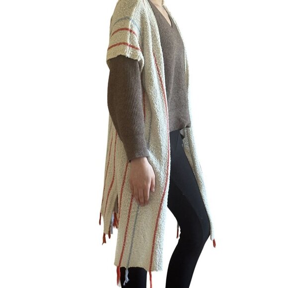 Women's cotton knit ivory stripe fringe boho duster cover up size s/m - Picture 6 of 9
